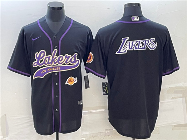 Men's Los Angeles Lakers Black Big Logo With Patch Cool Base Stitched Baseball Jersey - Click Image to Close